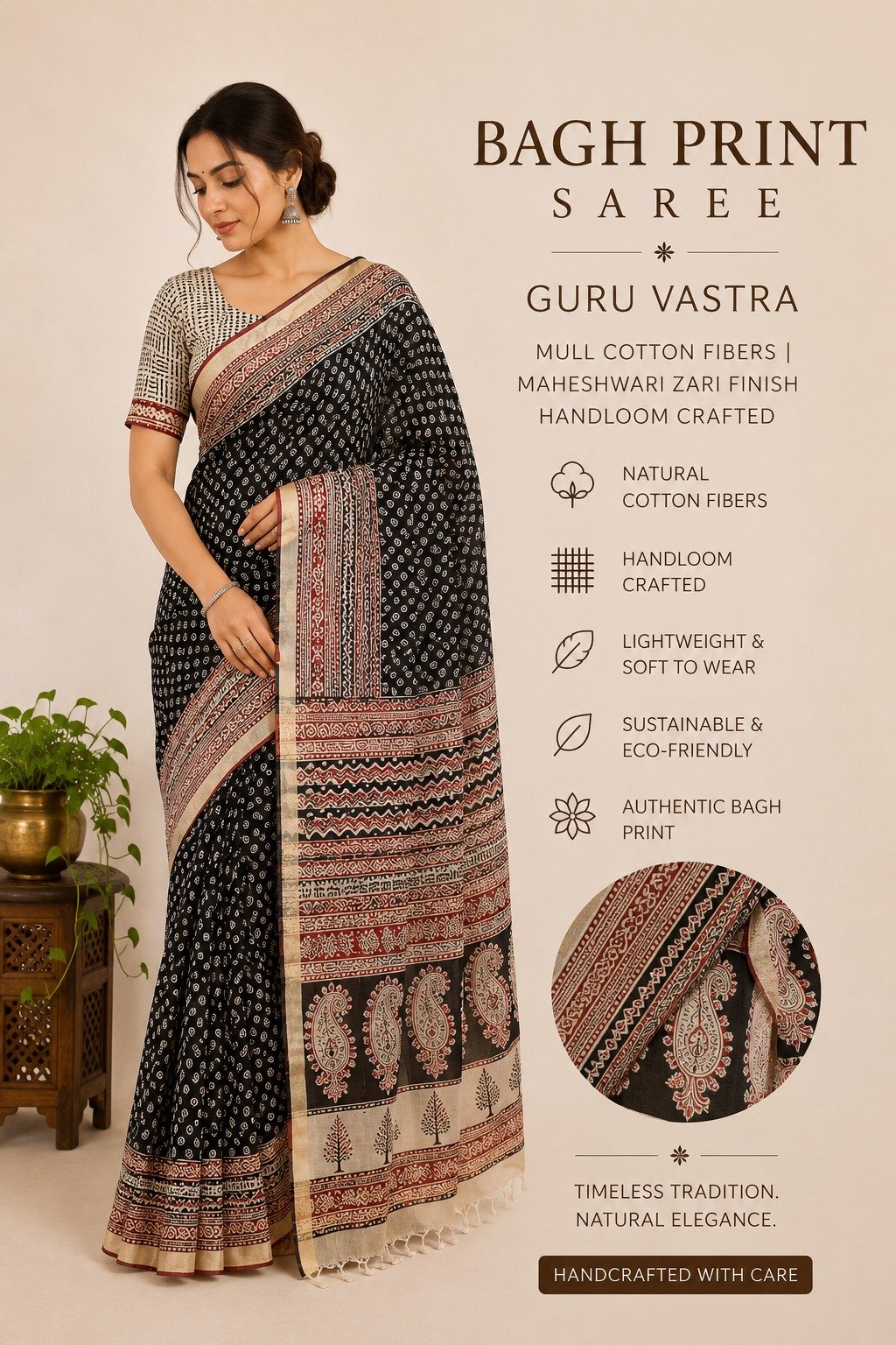 SHYAMALEE | Bagh Print Maheshwari Craft Mull Cotton Saree