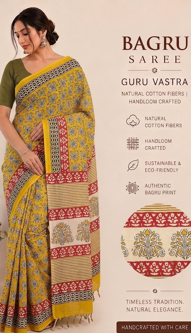 PEETAMBARI-Handcrafted Bagru Handloom Mull Cotton Saree